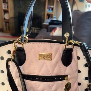 LUV Betsey Johnson Pink and Black Satchel with Polka Dots Lips
